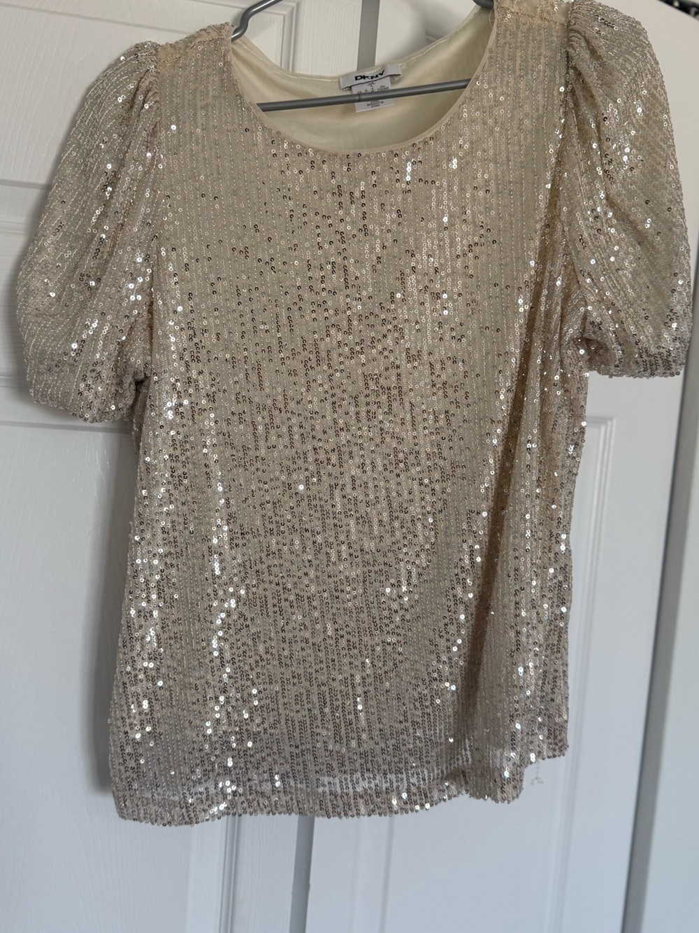 DKNY Champagne Sequin Off-the-Shoulder Sweater